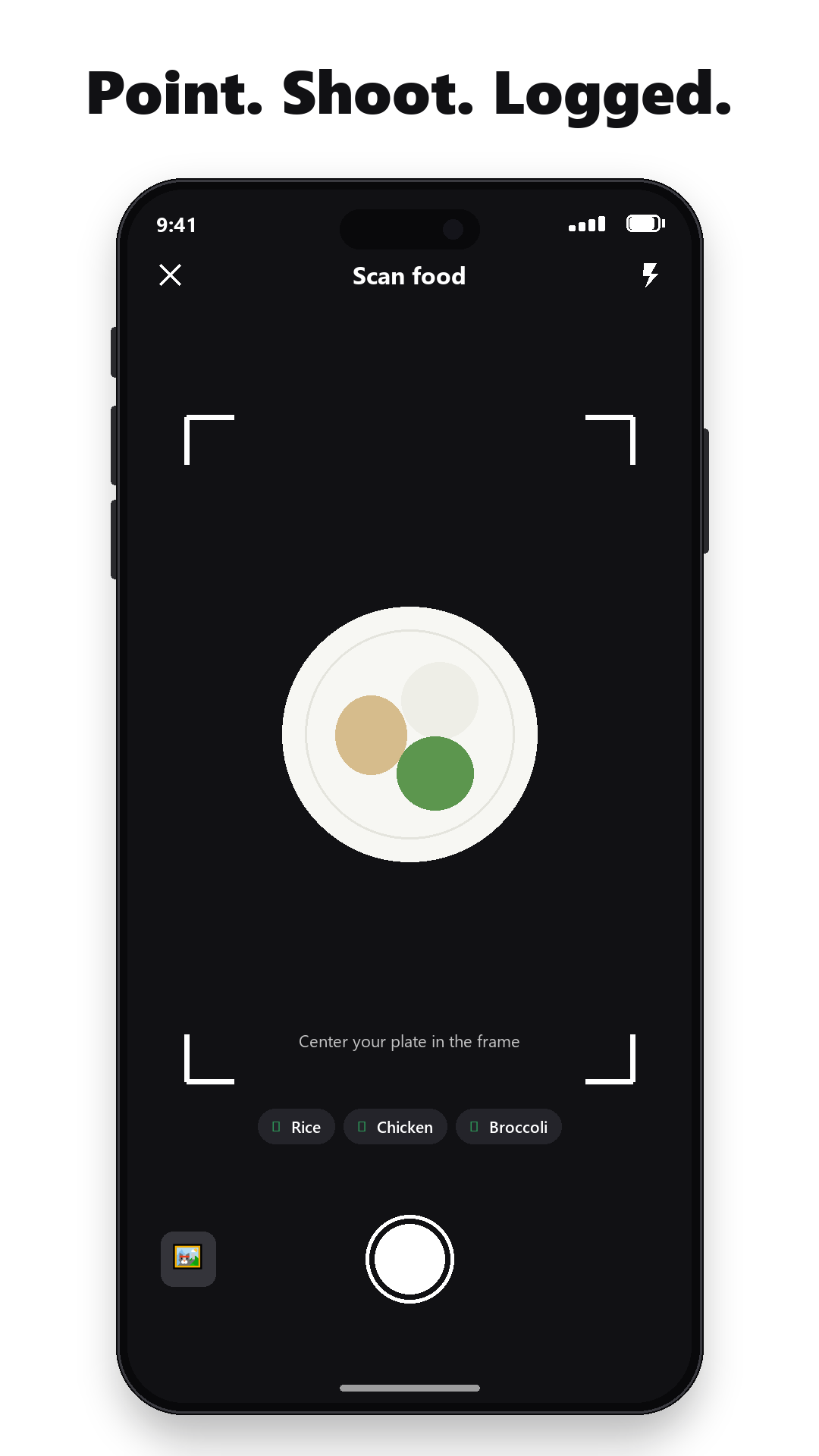 Preview titled 'Point. Shoot. Logged.': the Scan food camera over a plate, with salmon, rice and greens detected