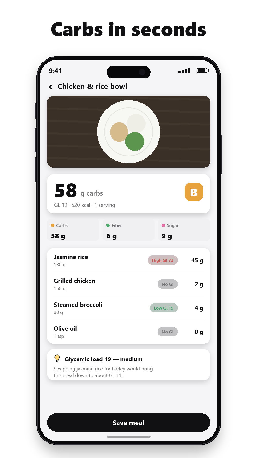 Preview titled 'Fat quality in seconds': analysis of a salmon bowl — 3 g saturated fat, 9 g fiber, with per-item saturated fat and fiber