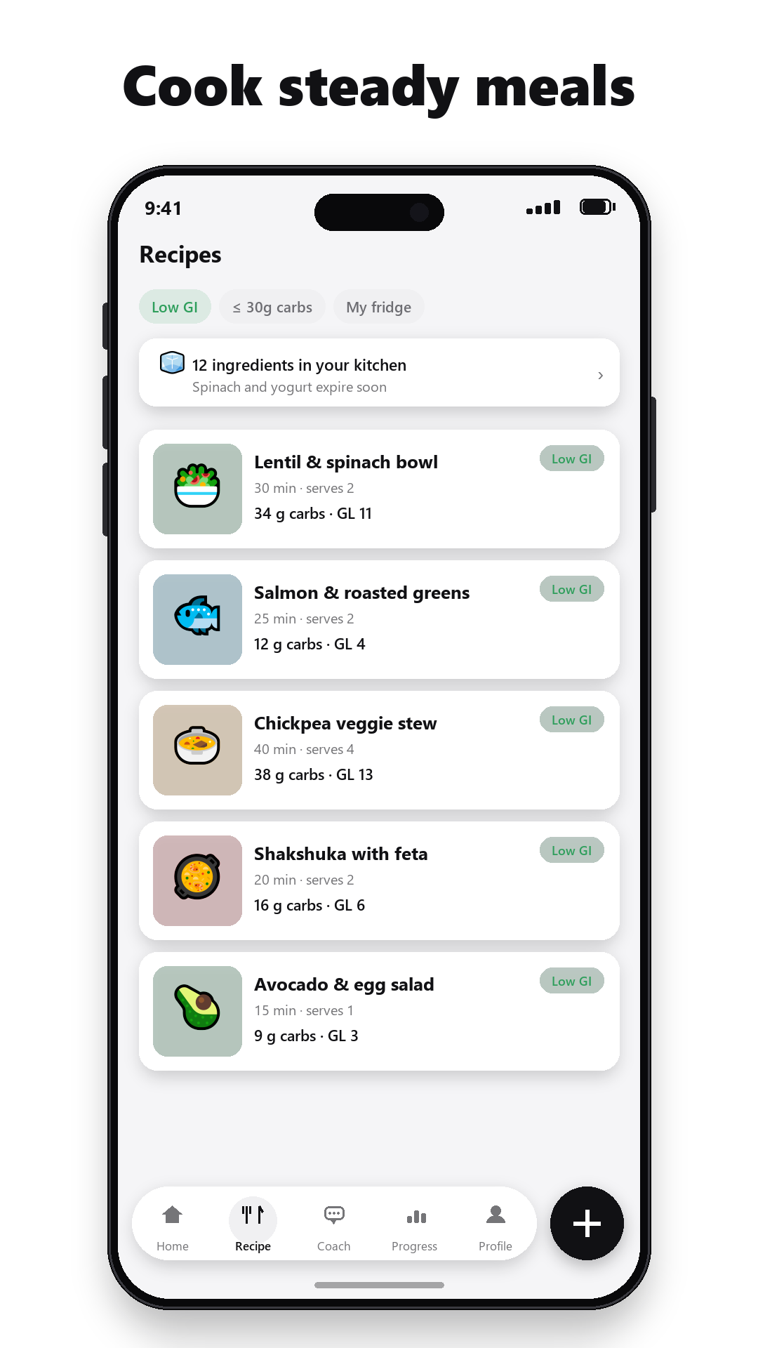 Preview titled 'Cook heart-healthy': the Recipes screen with low-saturated-fat, high-fiber recipes built from what's in the fridge